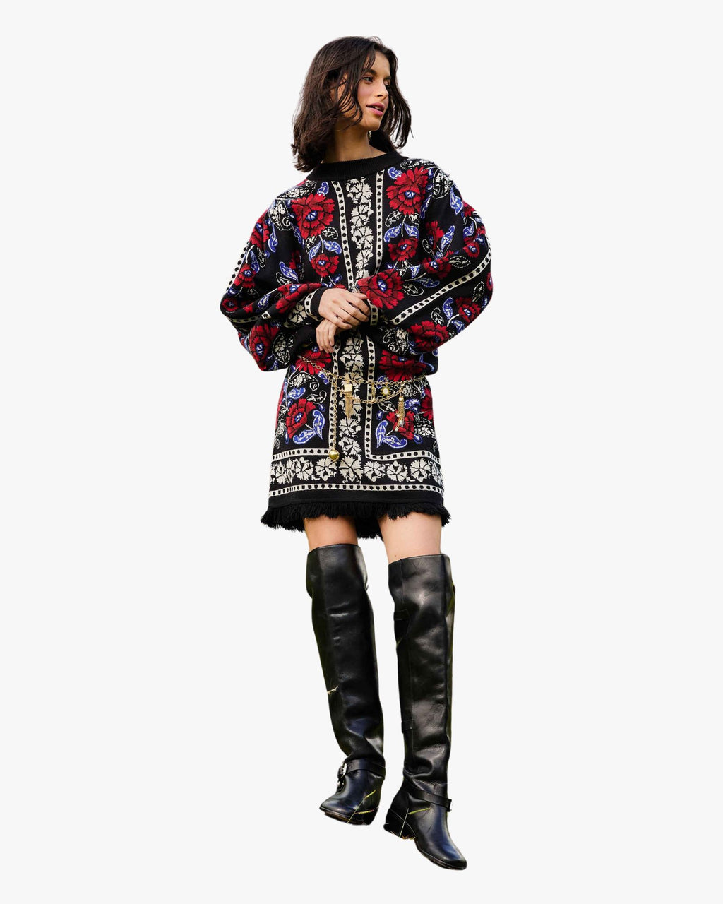 Floral Knit Dress with Puffed Sleeves