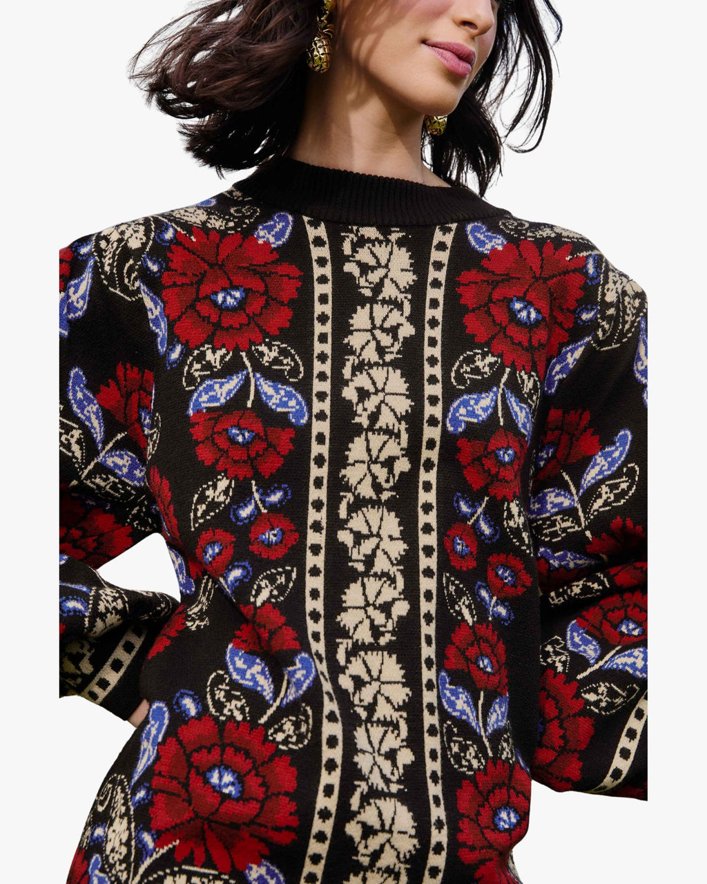 Floral Knit Dress with Puffed Sleeves