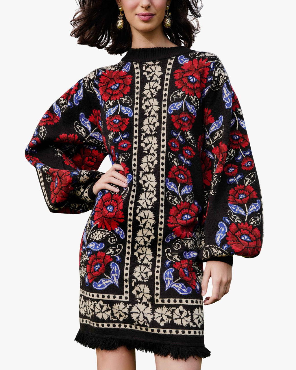 Floral Knit Dress with Puffed Sleeves