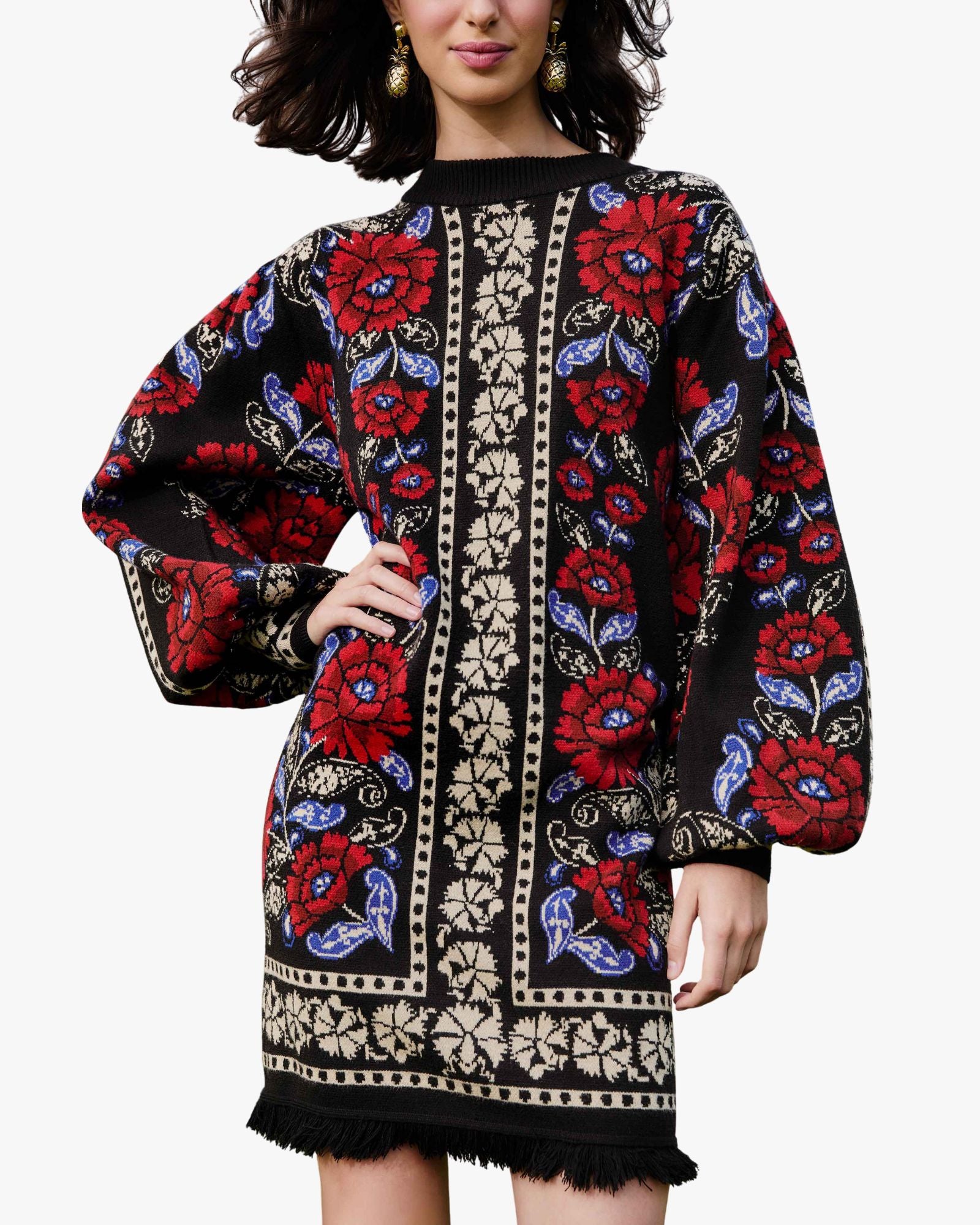 Floral Knit Dress with Puffed Sleeves