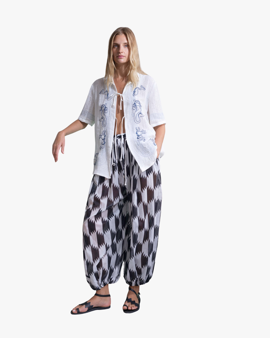 Petra Black & White Geometric Barrel Pants