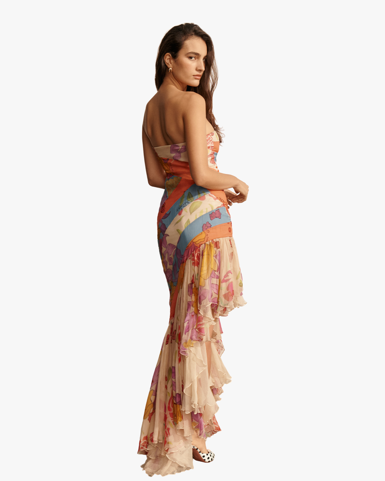 Flores Print Strapless Silk Chiffon Maxi Dress
