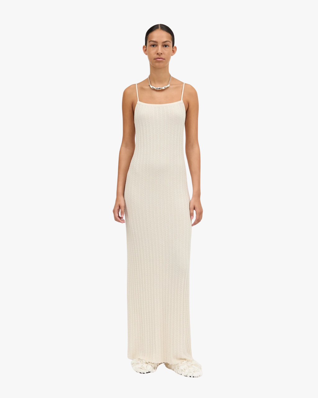 Kovy Wavy Knit Long Slim Cream Dress