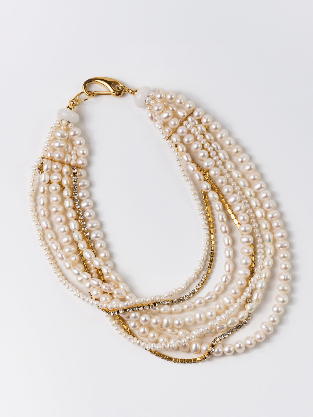 Collana in Ottone Placcato Oro con Perle Naturali, Zirconi e Agata Bianca