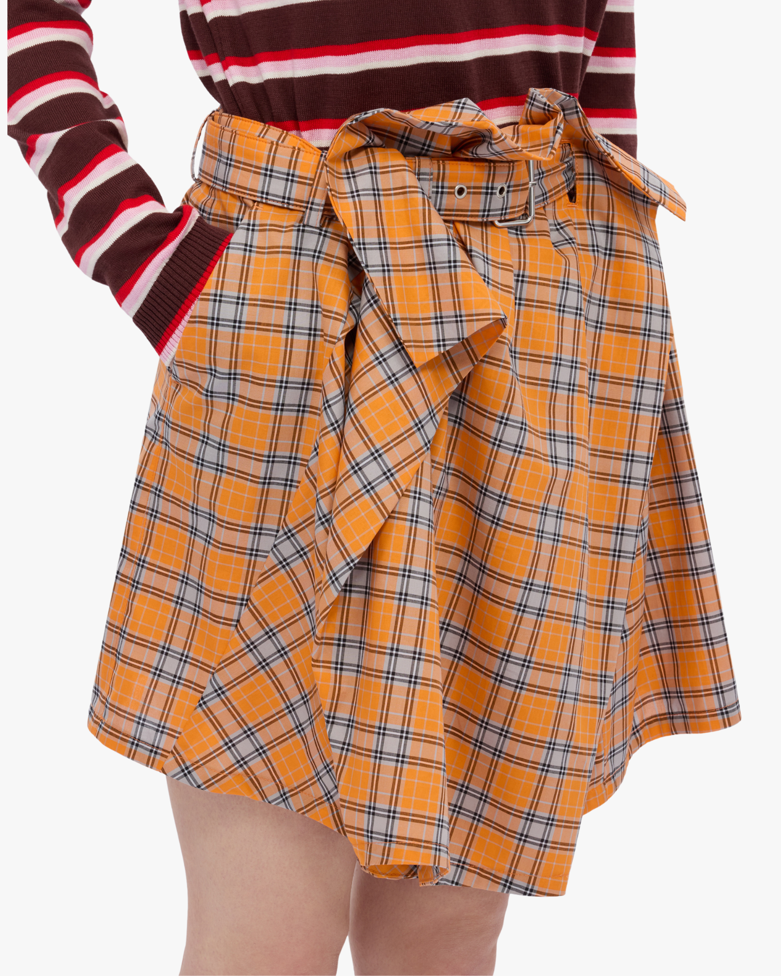 Orange check cotton mini skirt with belt