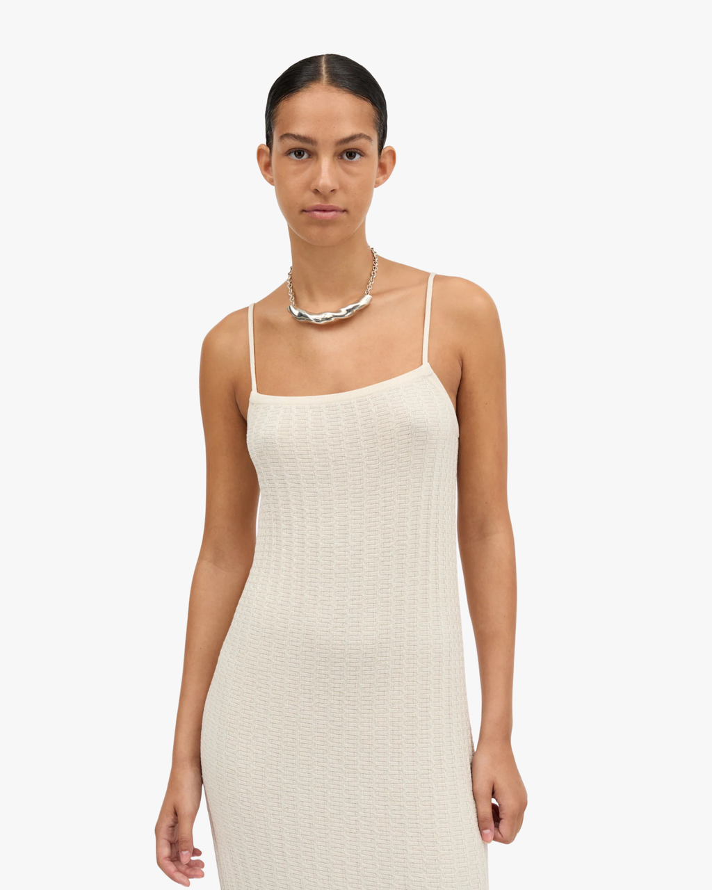 Kovy Wavy Knit Long Slim Cream Dress