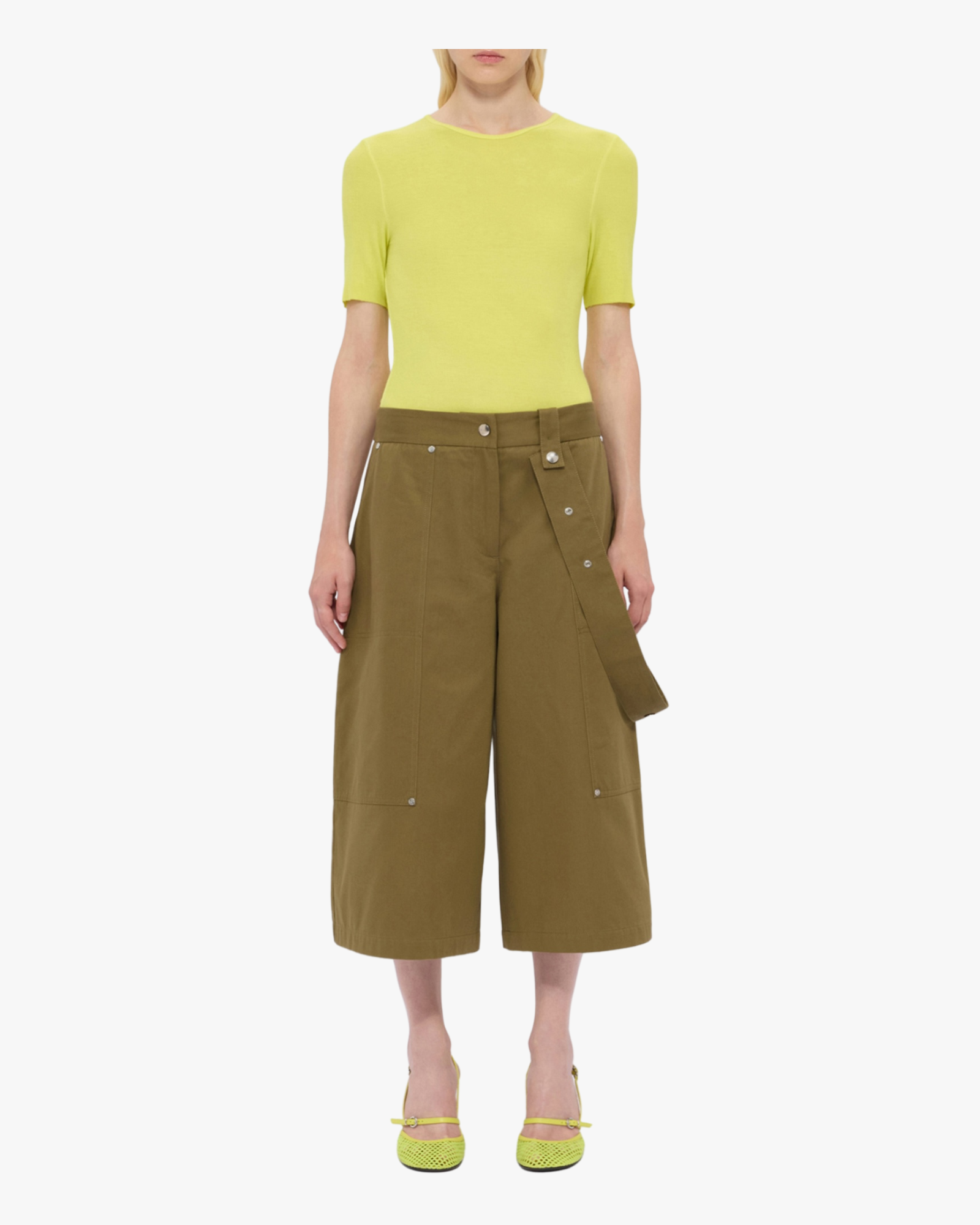 Military green cotton gabardine trousers with patch pockets and removable belt
