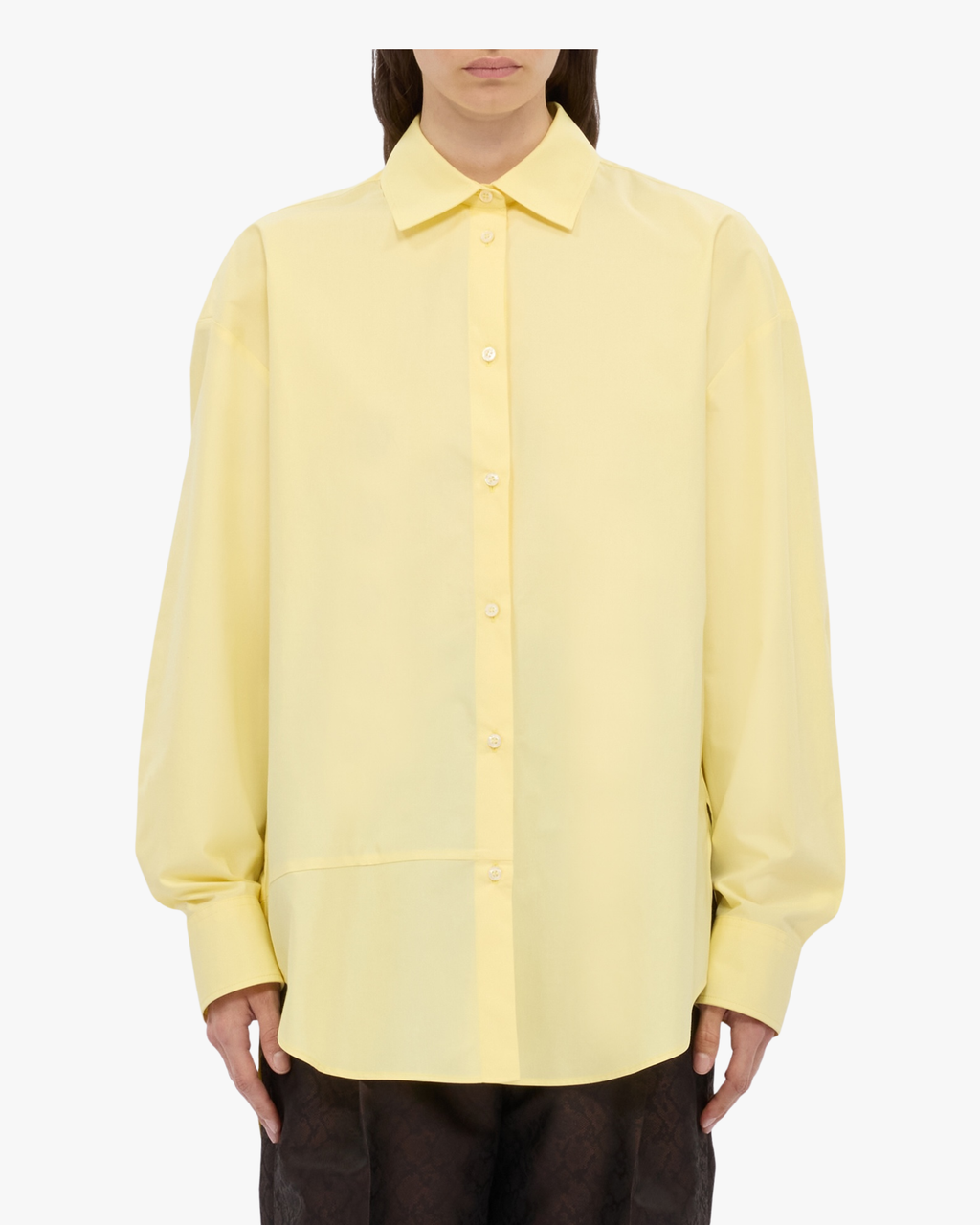 Yellow cotton poplin shirt with asymmetrical detail
