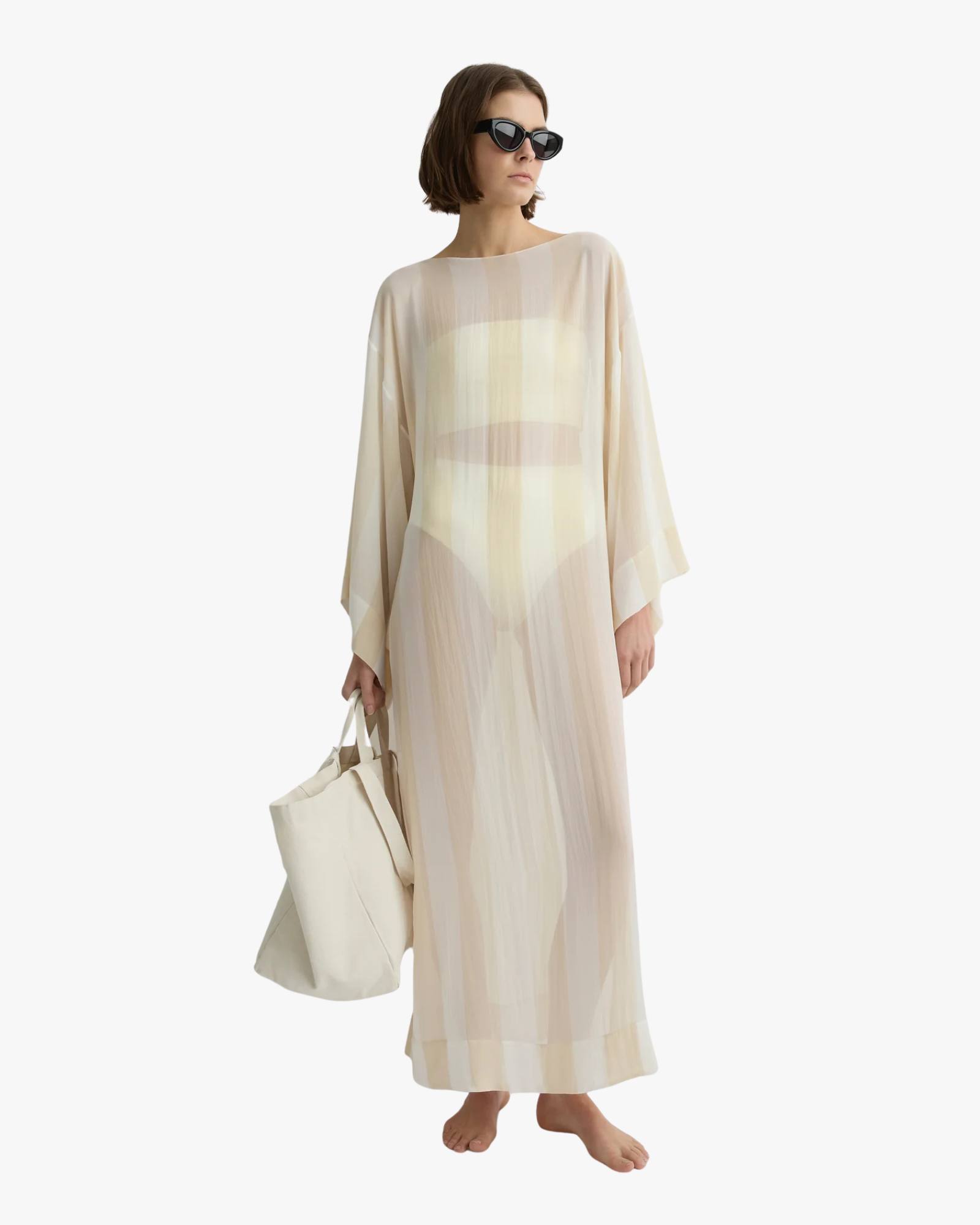 Capri Silk Kimono Sleeve Maxi Ecru Stripe