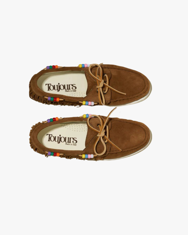 Genevieve Boat Shoes With Fringe And Beads Brown
