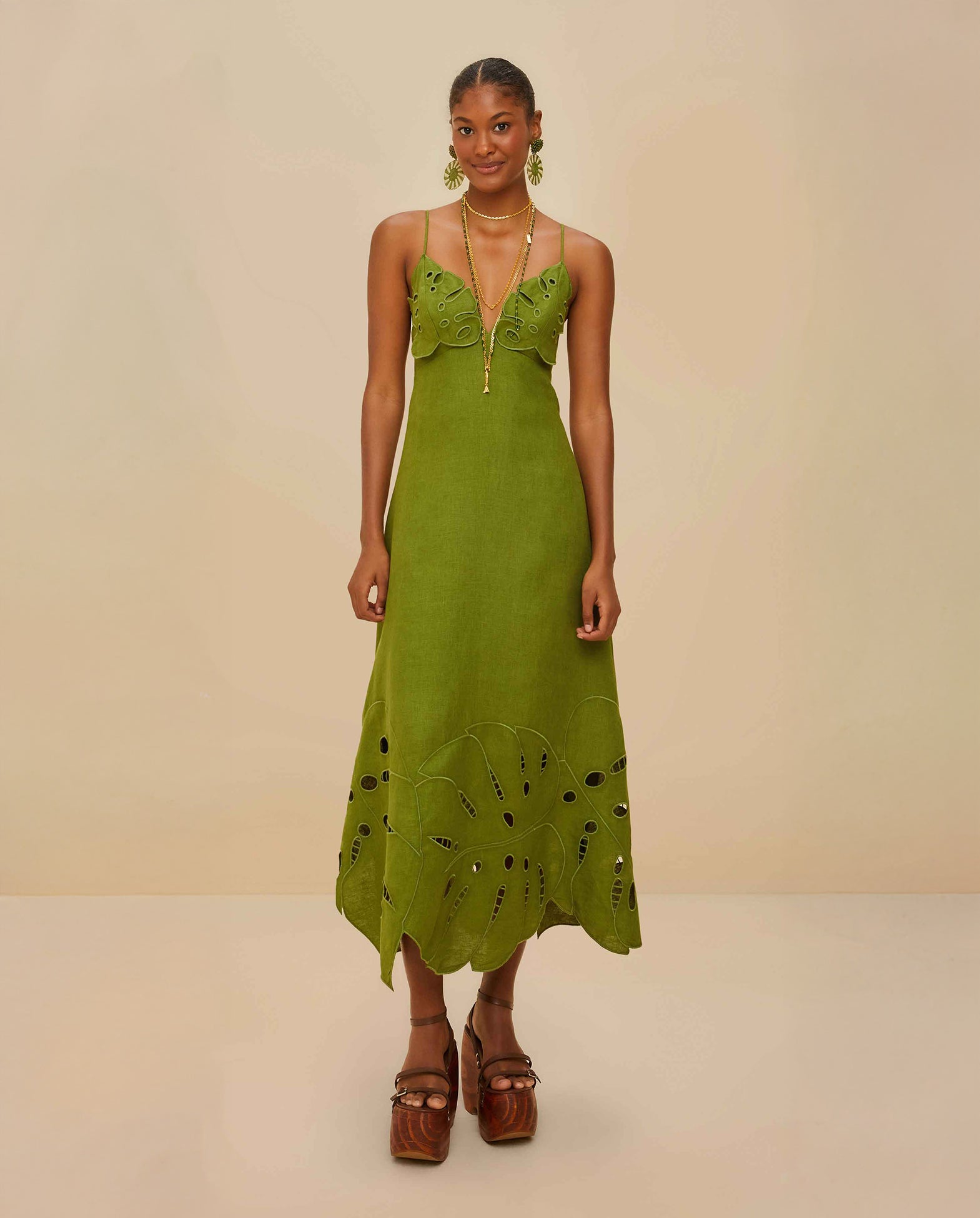Monstera Embroidery Midi Dress