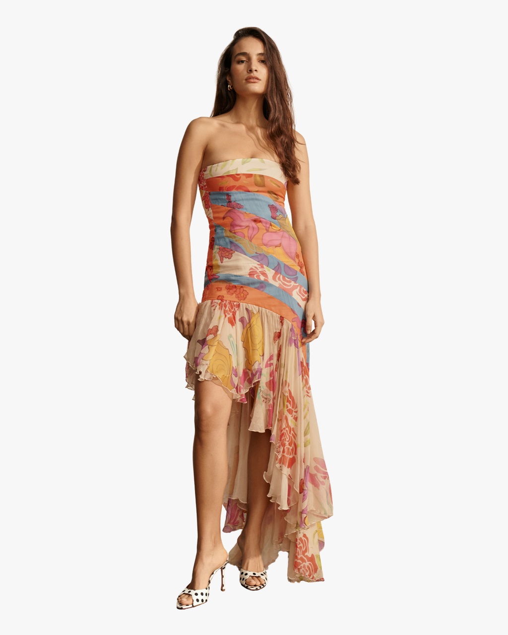 Flores Print Strapless Silk Chiffon Maxi Dress