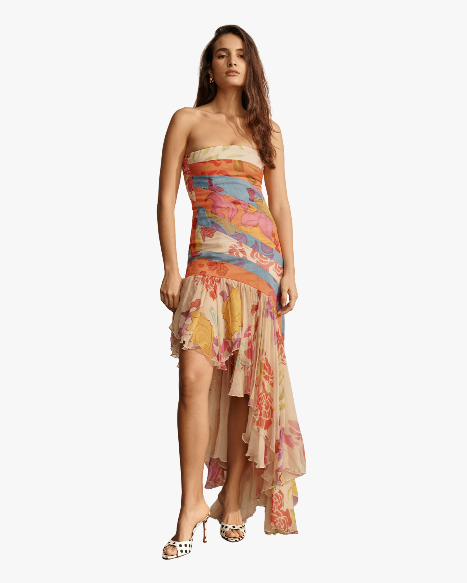 Flores Print Strapless Silk Chiffon Maxi Dress