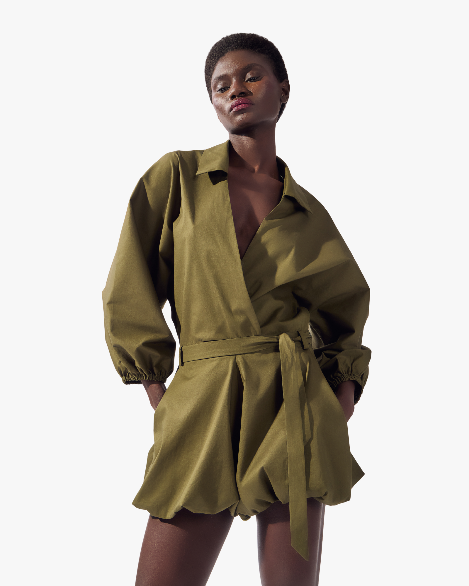 Solid Deep V-Neck Playsuit Green