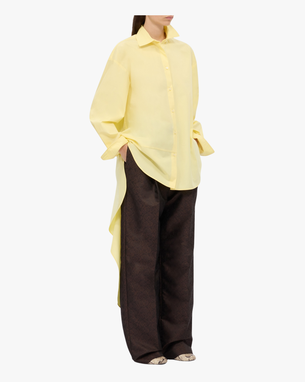 Yellow cotton poplin shirt with asymmetrical detail