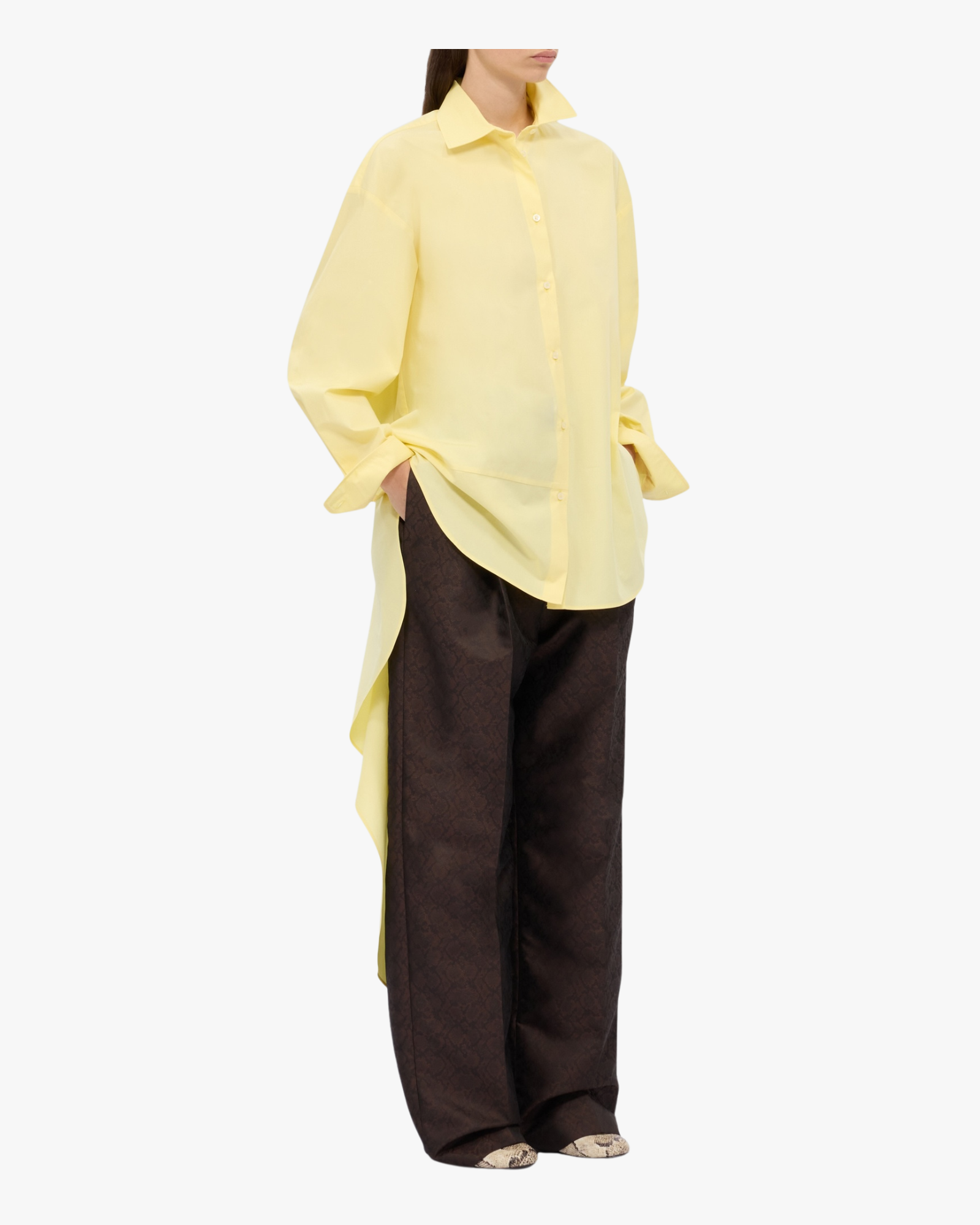 Yellow cotton poplin shirt with asymmetrical detail