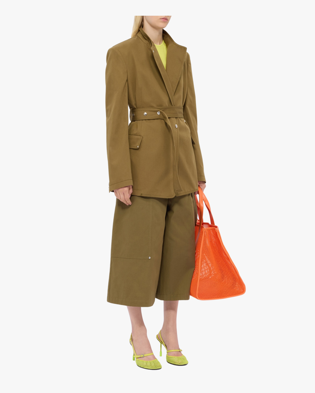 Military green cotton gabardine trousers with patch pockets and removable belt