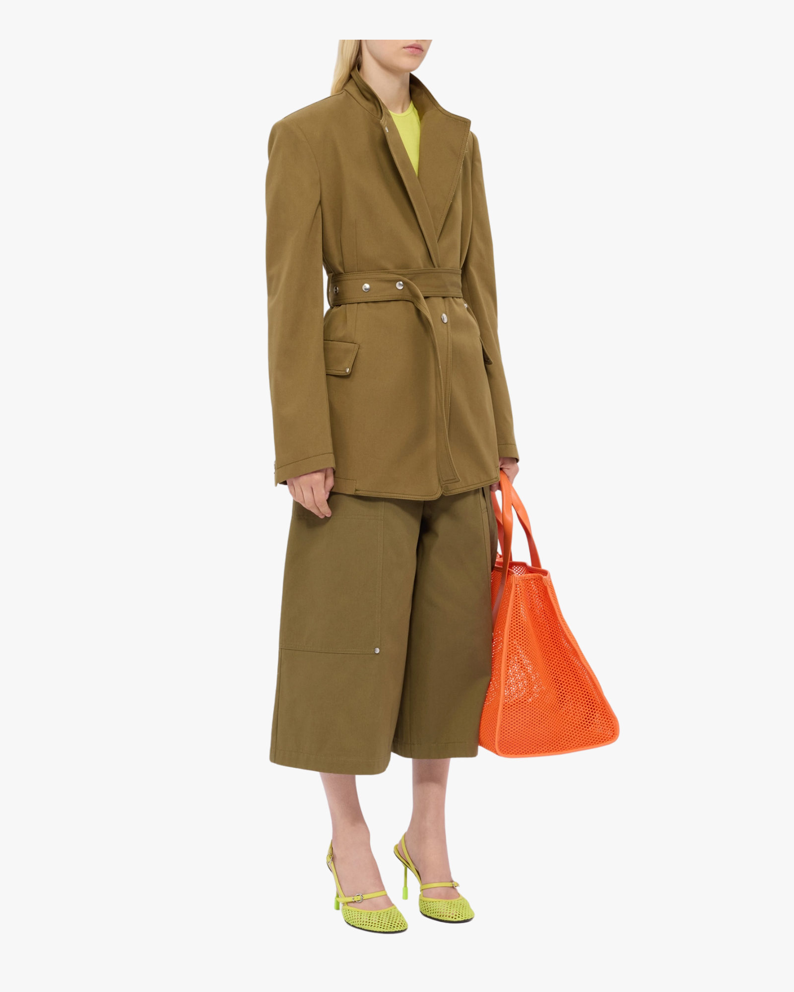 Military green cotton gabardine trousers with patch pockets and removable belt