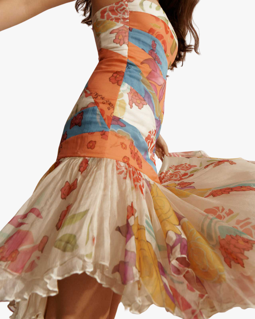 Flores Print Strapless Silk Chiffon Maxi Dress