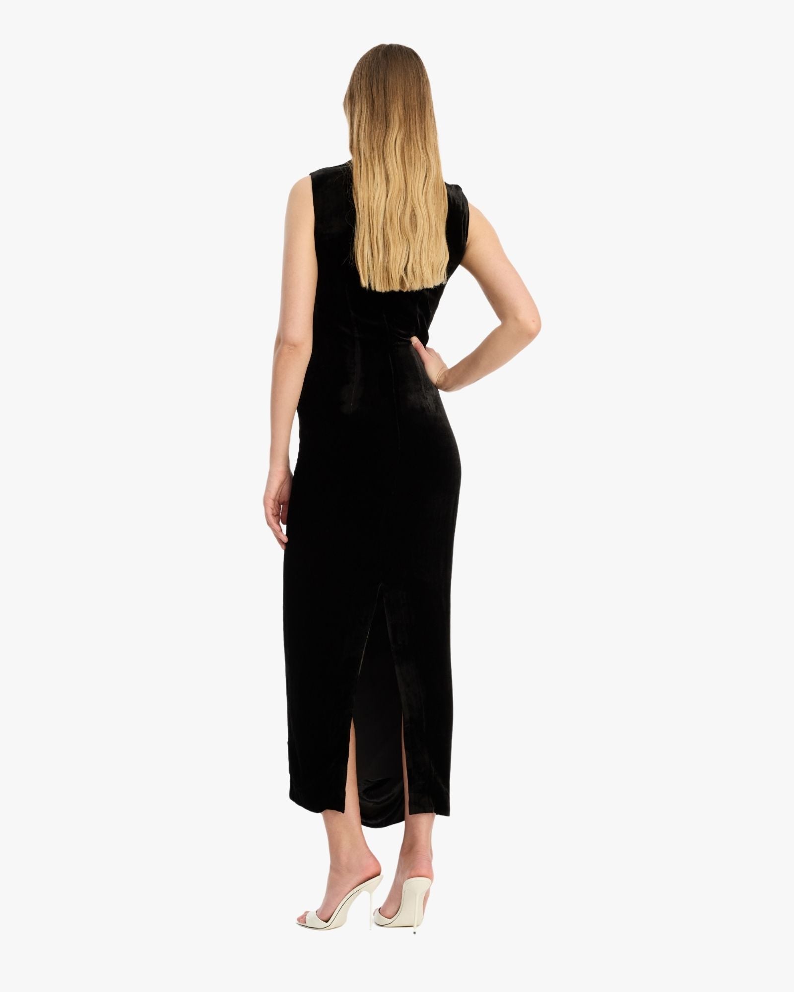 Velvet Ruched Midi Dress Black