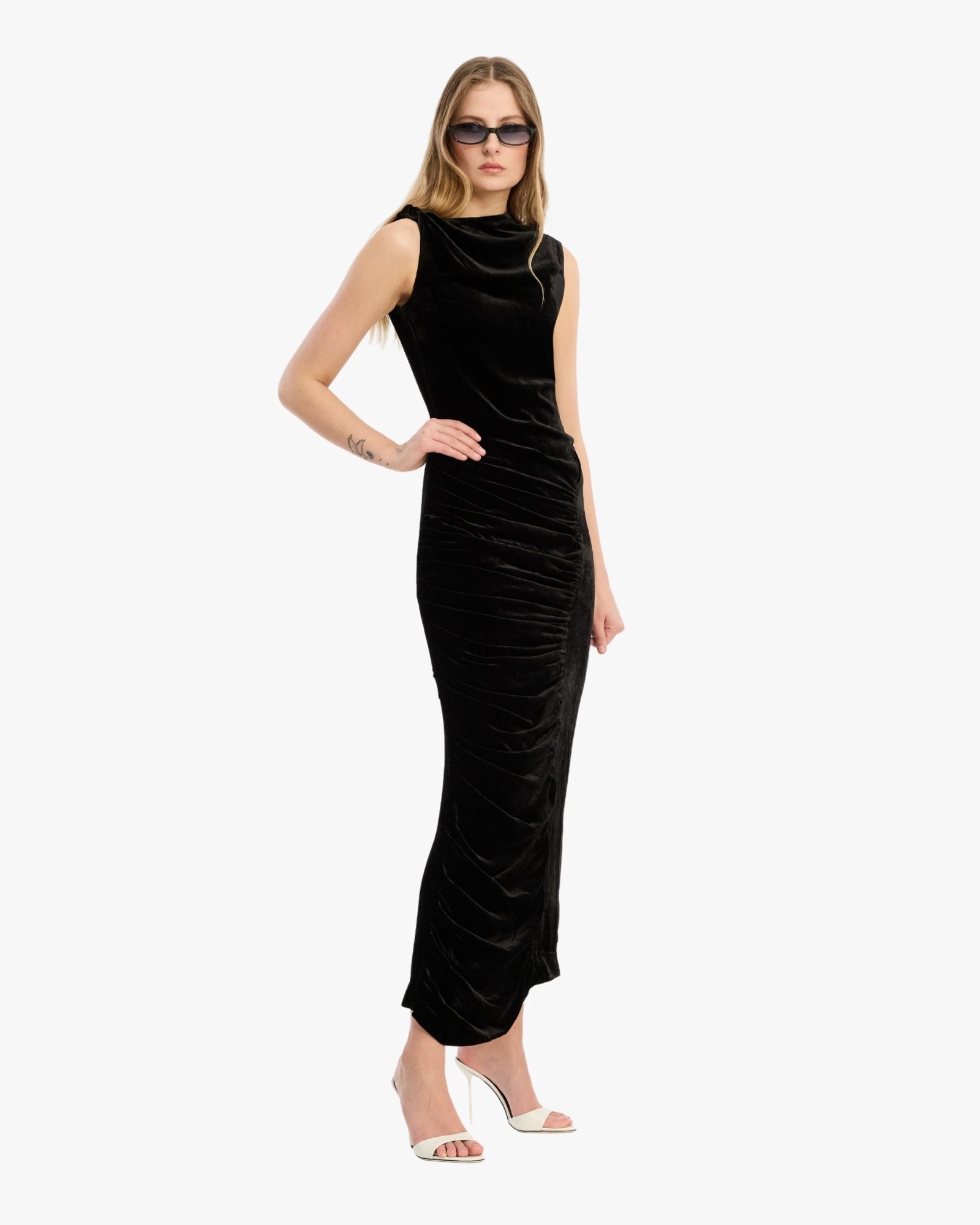 Velvet Ruched Midi Dress Black