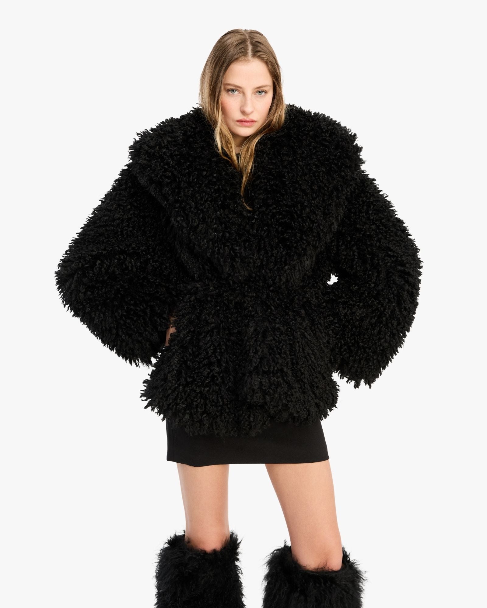 Faux Fur Belted Jacket Black