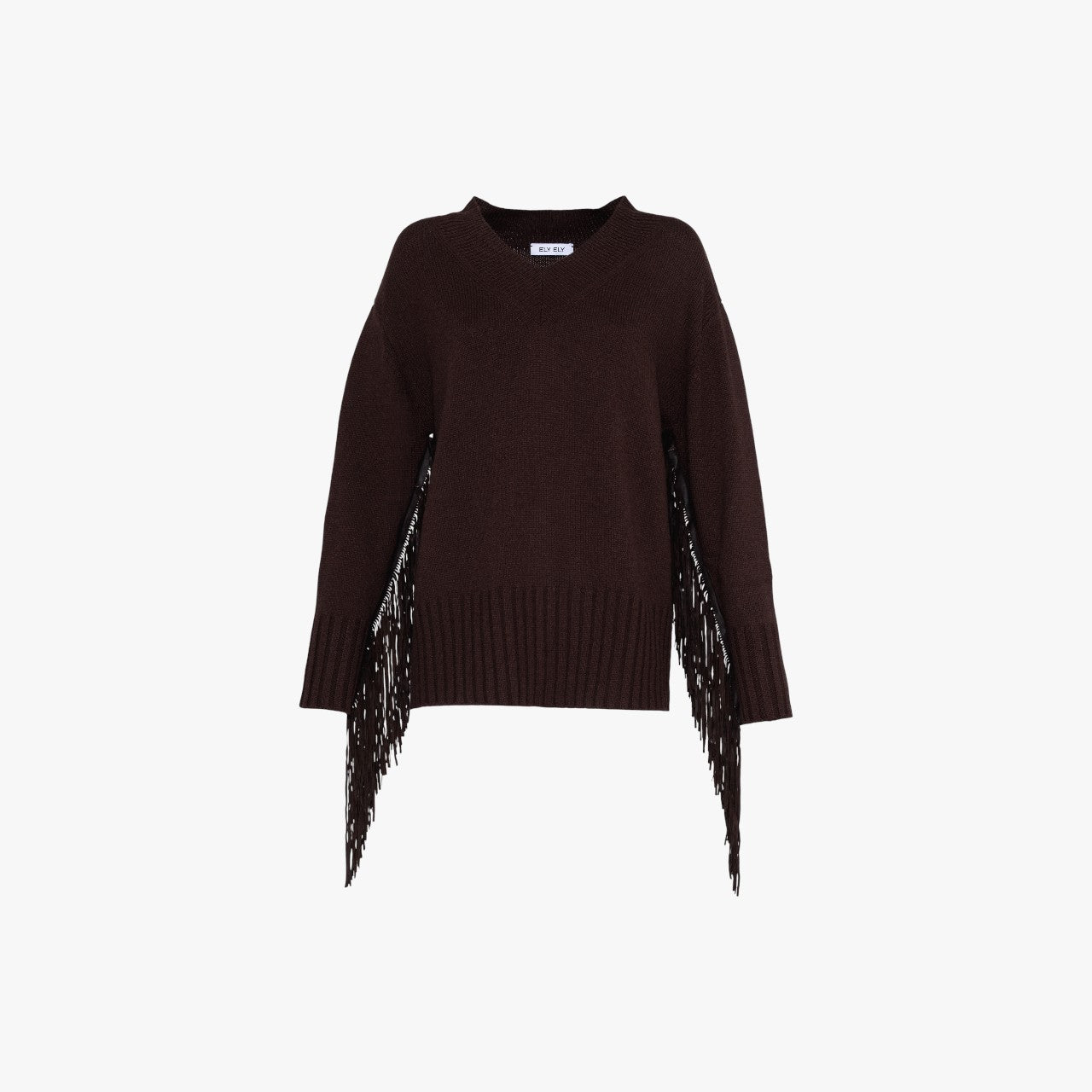 MaeF -Boxy V-Neck Sweater with Suede Fringes - Brown
