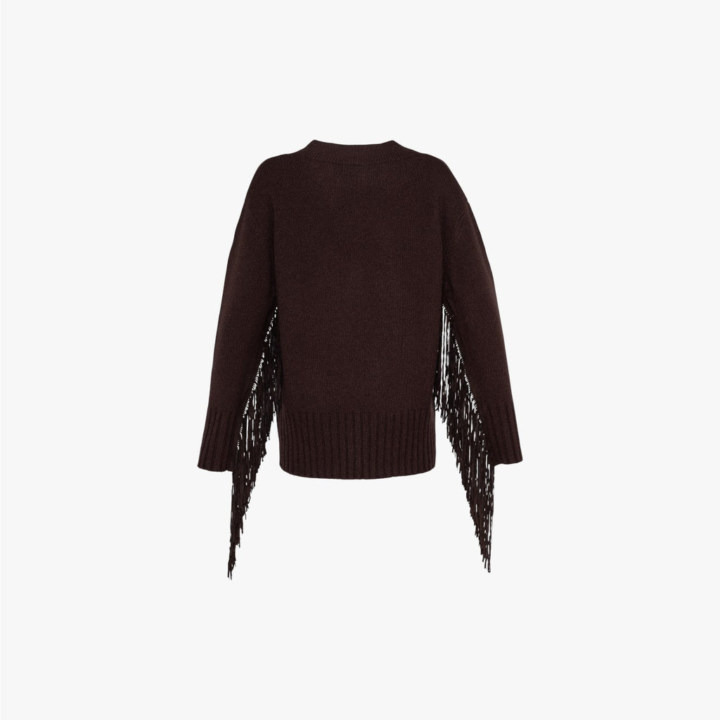 MaeF -Boxy V-Neck Sweater with Suede Fringes - Brown