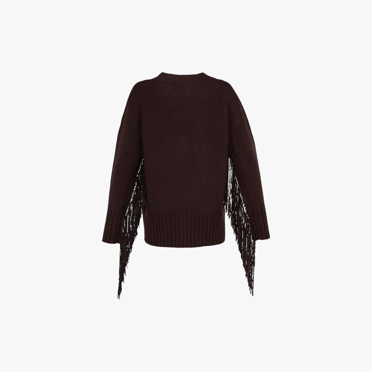 MaeF -Boxy V-Neck Sweater with Suede Fringes - Brown