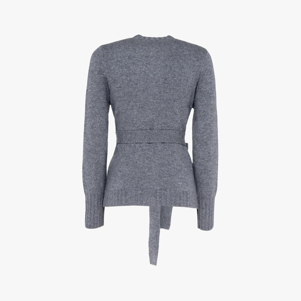 Sage - Round Neck Cardigan with Belt - Grey Mellange