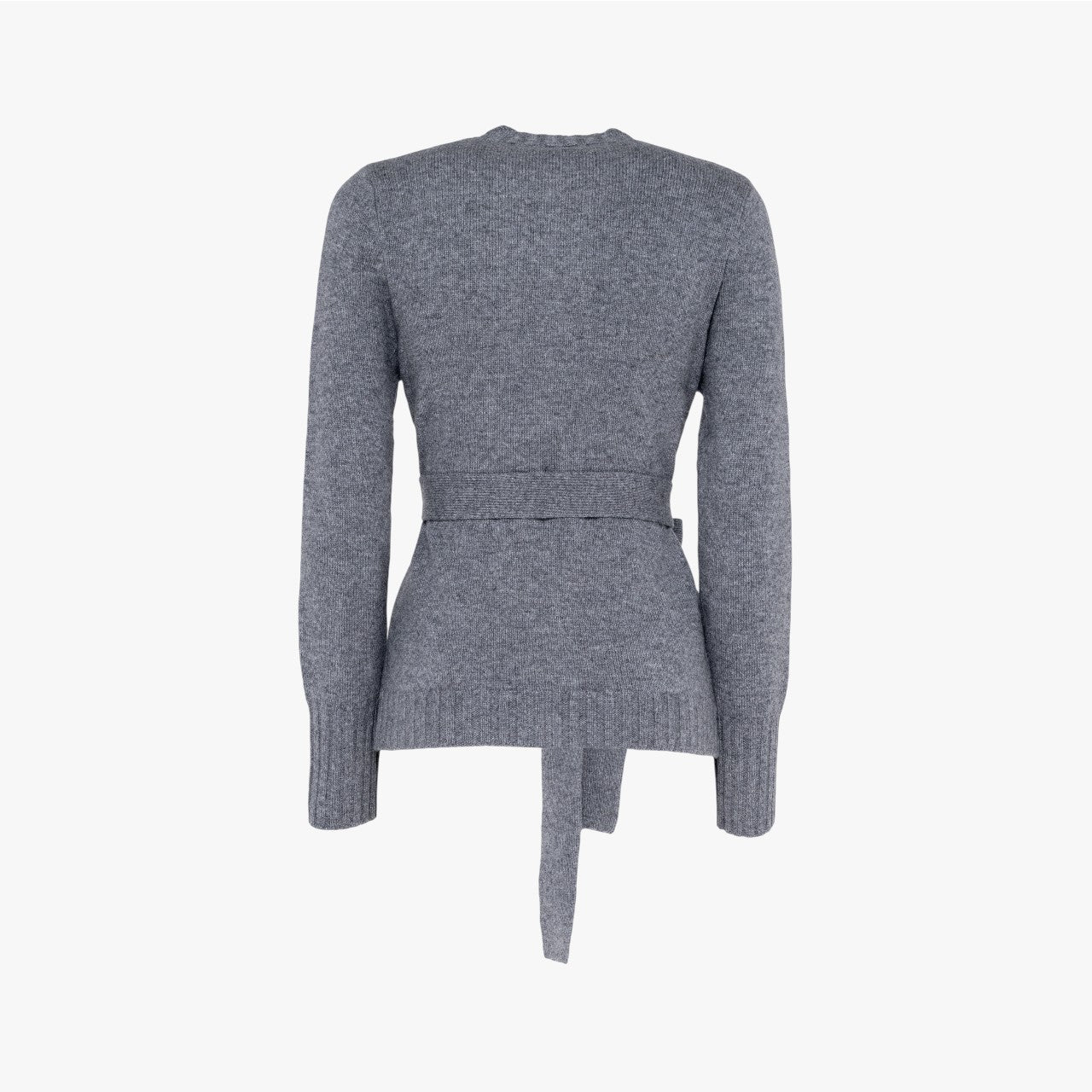 Sage - Round Neck Cardigan with Belt - Grey Mellange