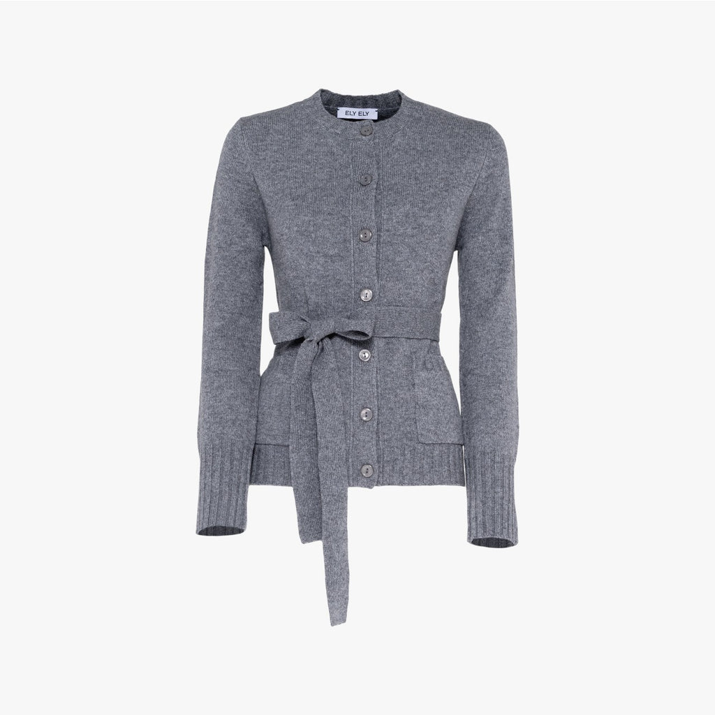 Sage - Round Neck Cardigan with Belt - Grey Mellange