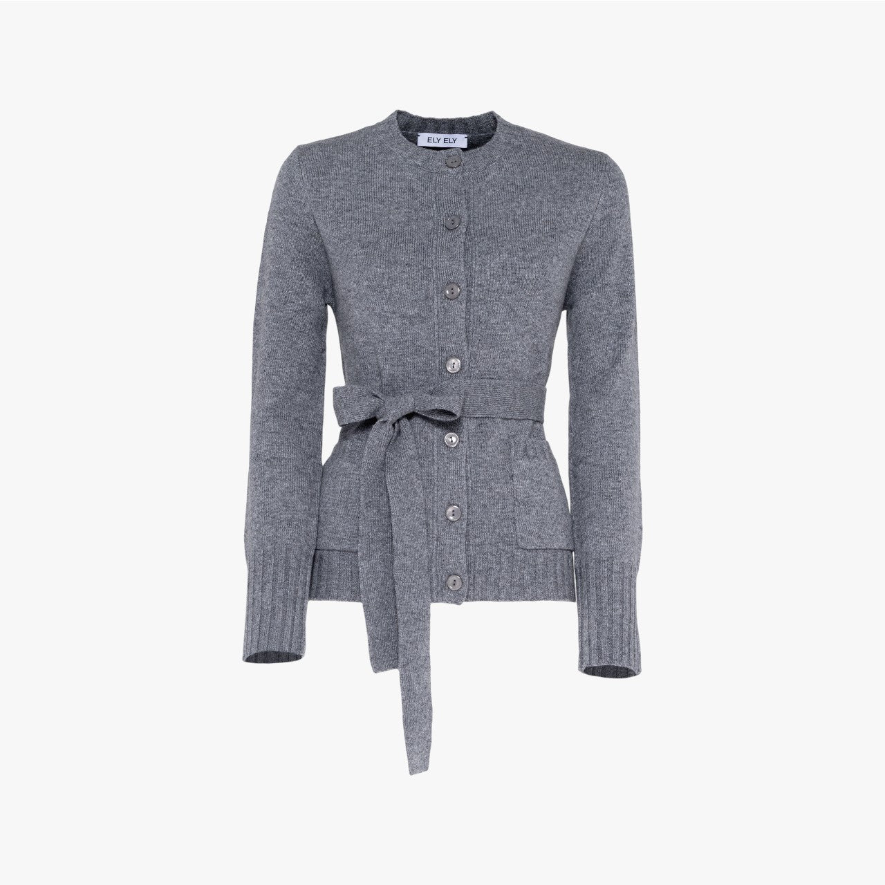 Sage - Round Neck Cardigan with Belt - Grey Mellange