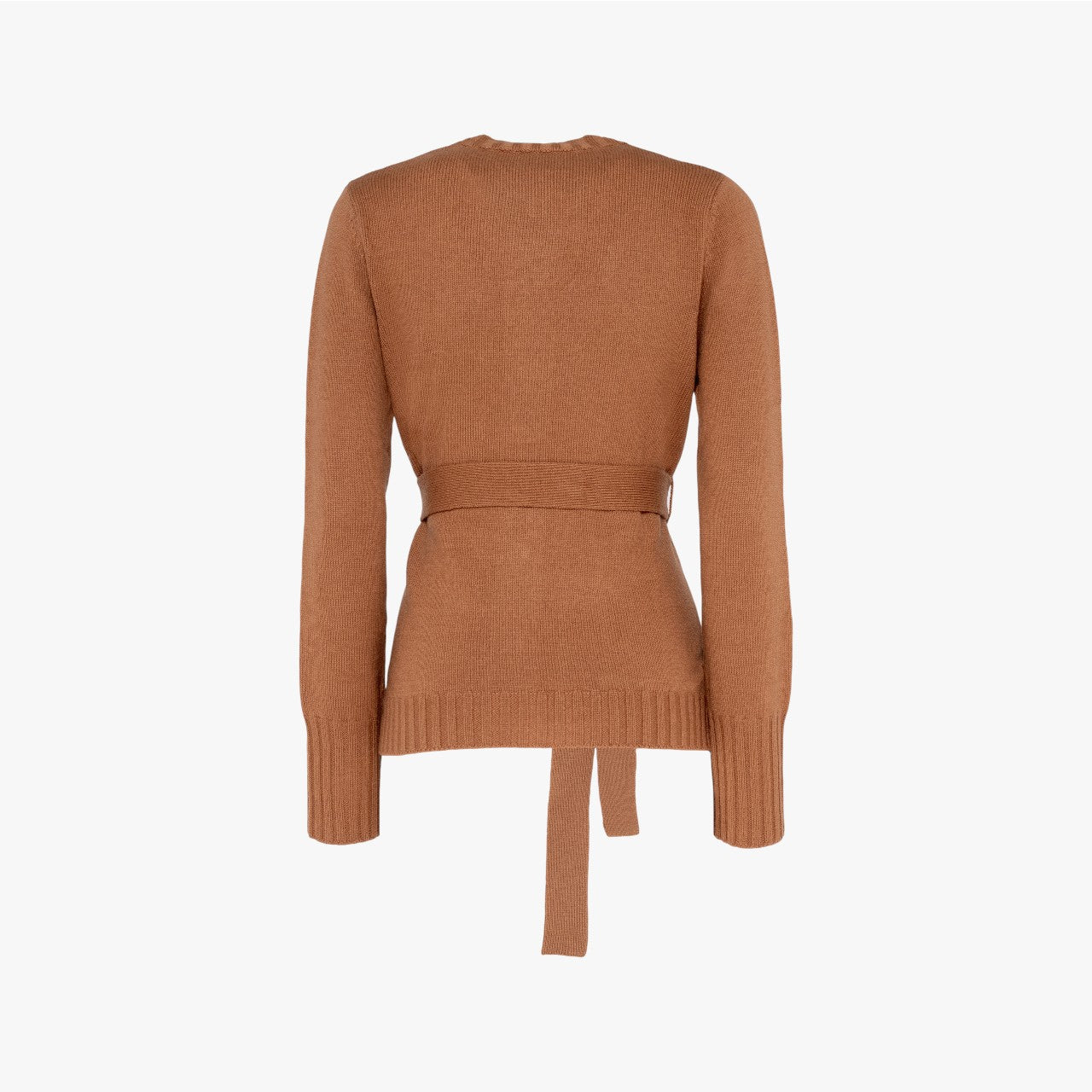 Sage - Round Neck Cardigan with Belt - Camel