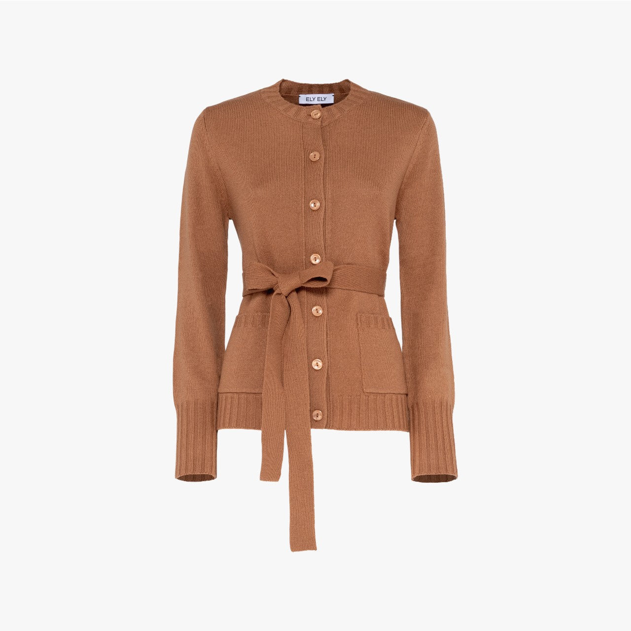 Sage - Round Neck Cardigan with Belt - Camel