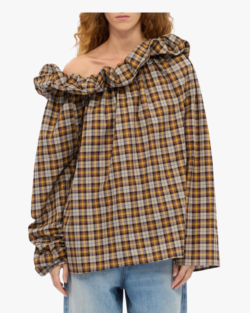 Check cotton blouse with maxi ruffle