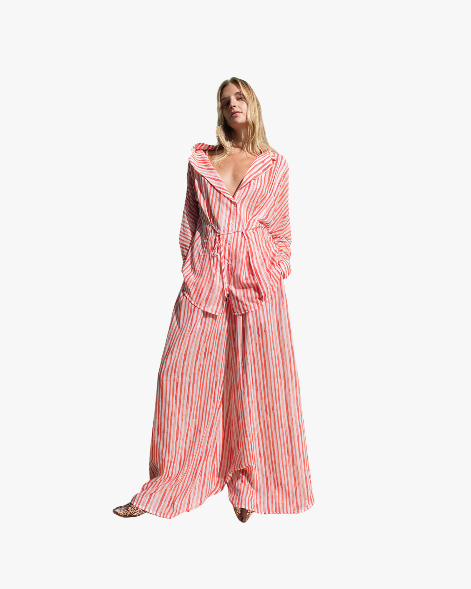 CALIPSO Coral Pink & White Striped Oversized Wrap Shirt