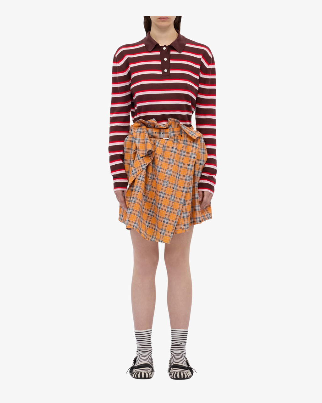 Orange check cotton mini skirt with belt