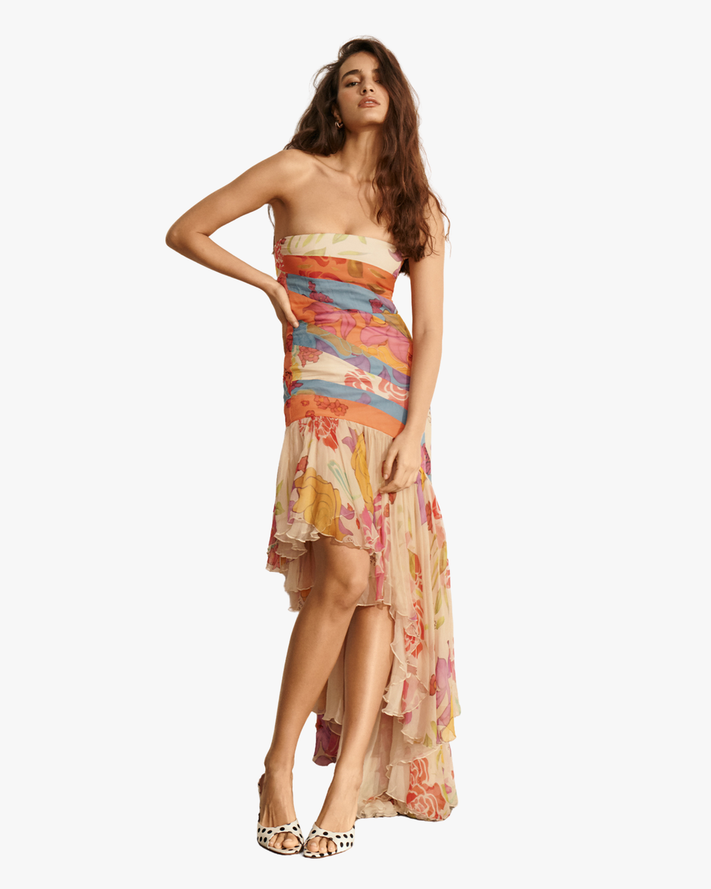 Flores Print Strapless Silk Chiffon Maxi Dress