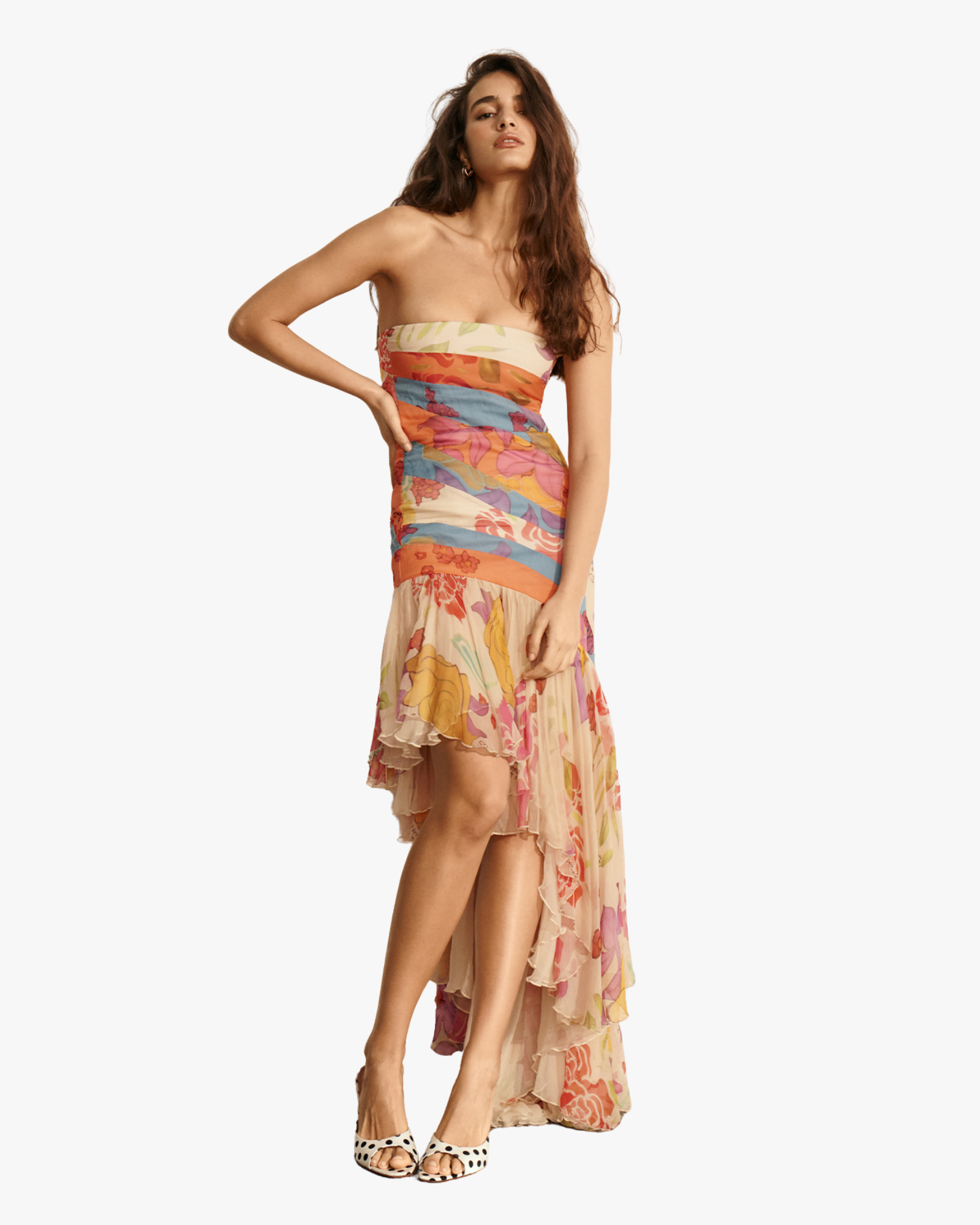 Flores Print Strapless Silk Chiffon Maxi Dress
