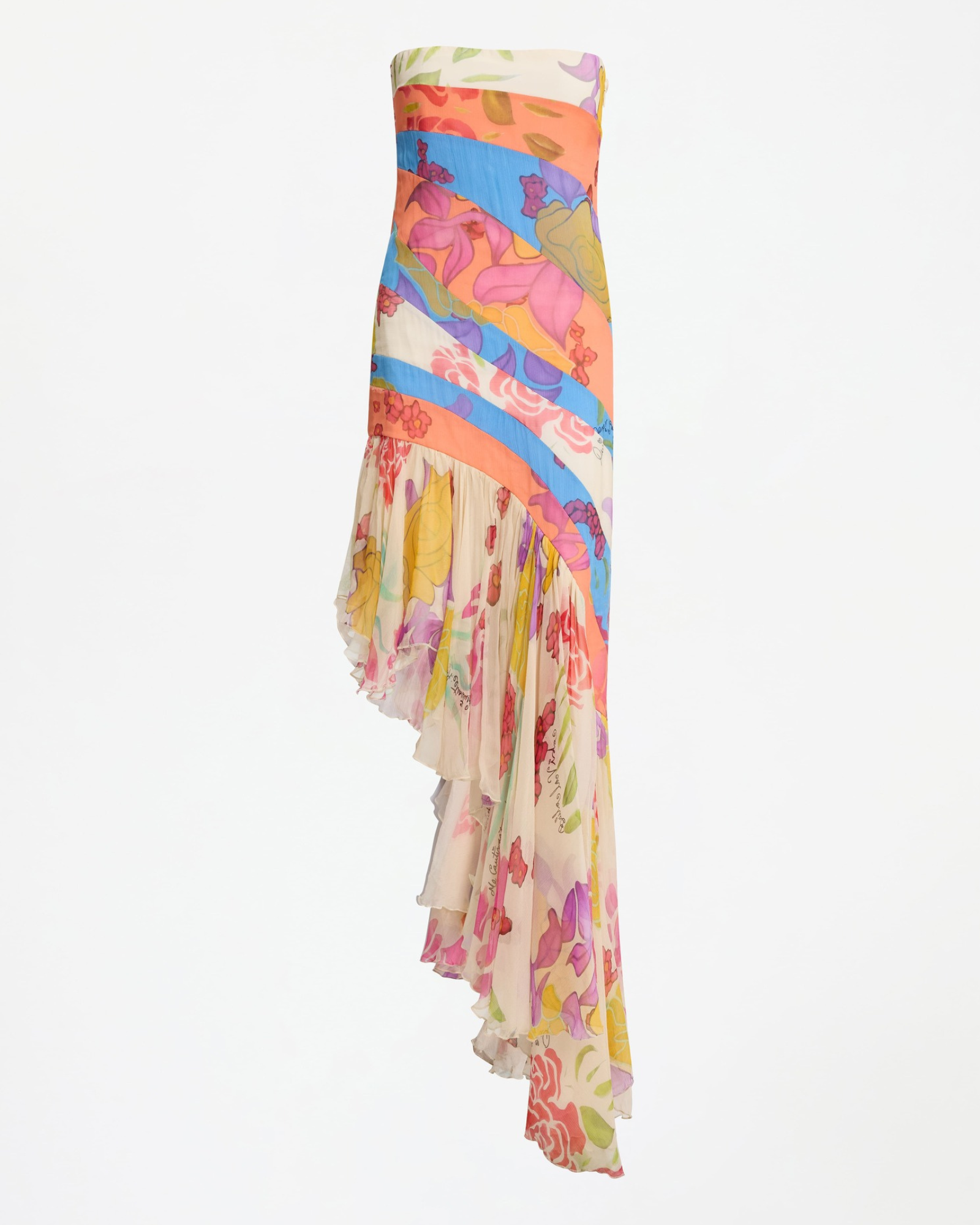 Flores Print Strapless Silk Chiffon Maxi Dress