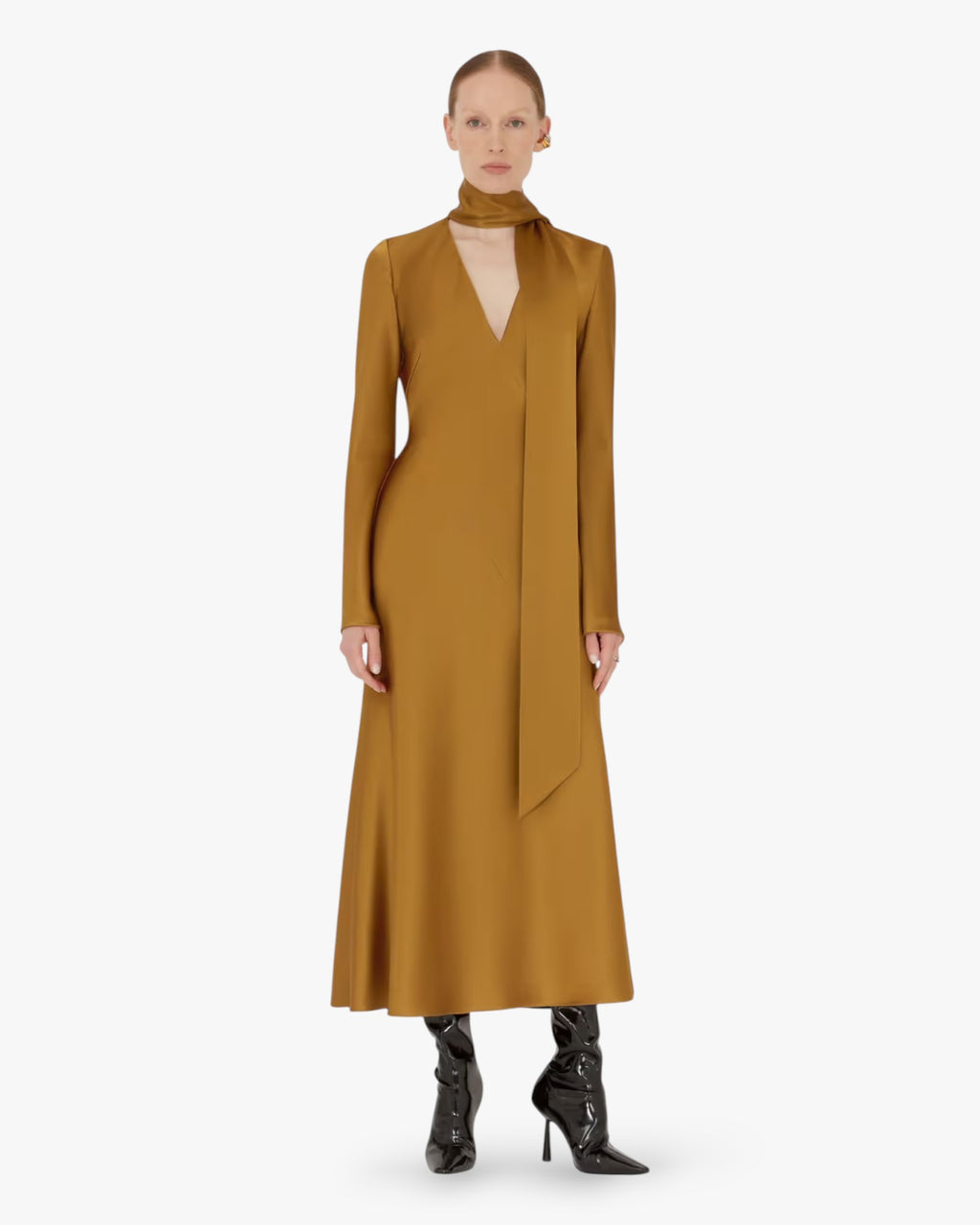 Satin Scarf-Neck Midi Dress