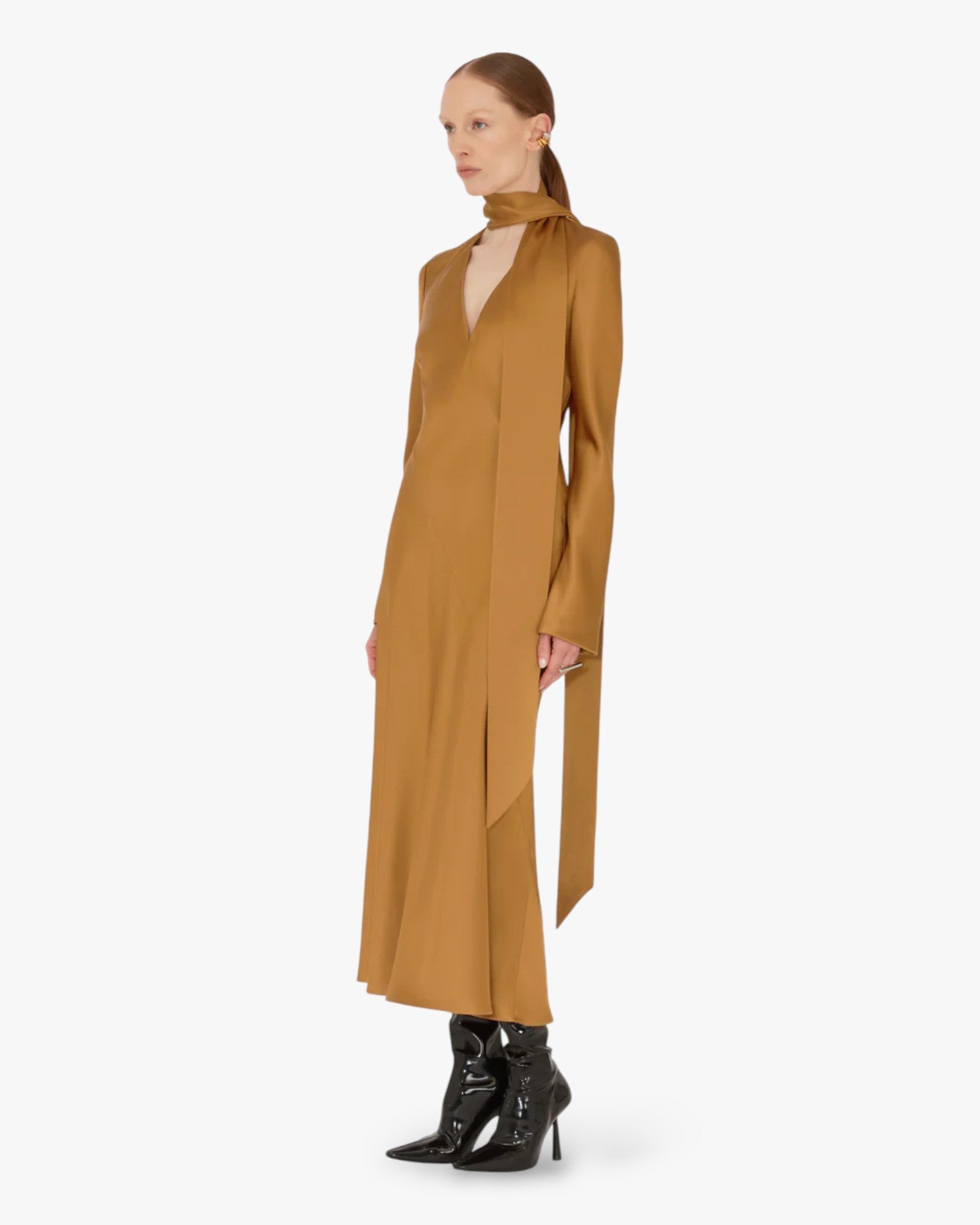 Satin Scarf-Neck Midi Dress