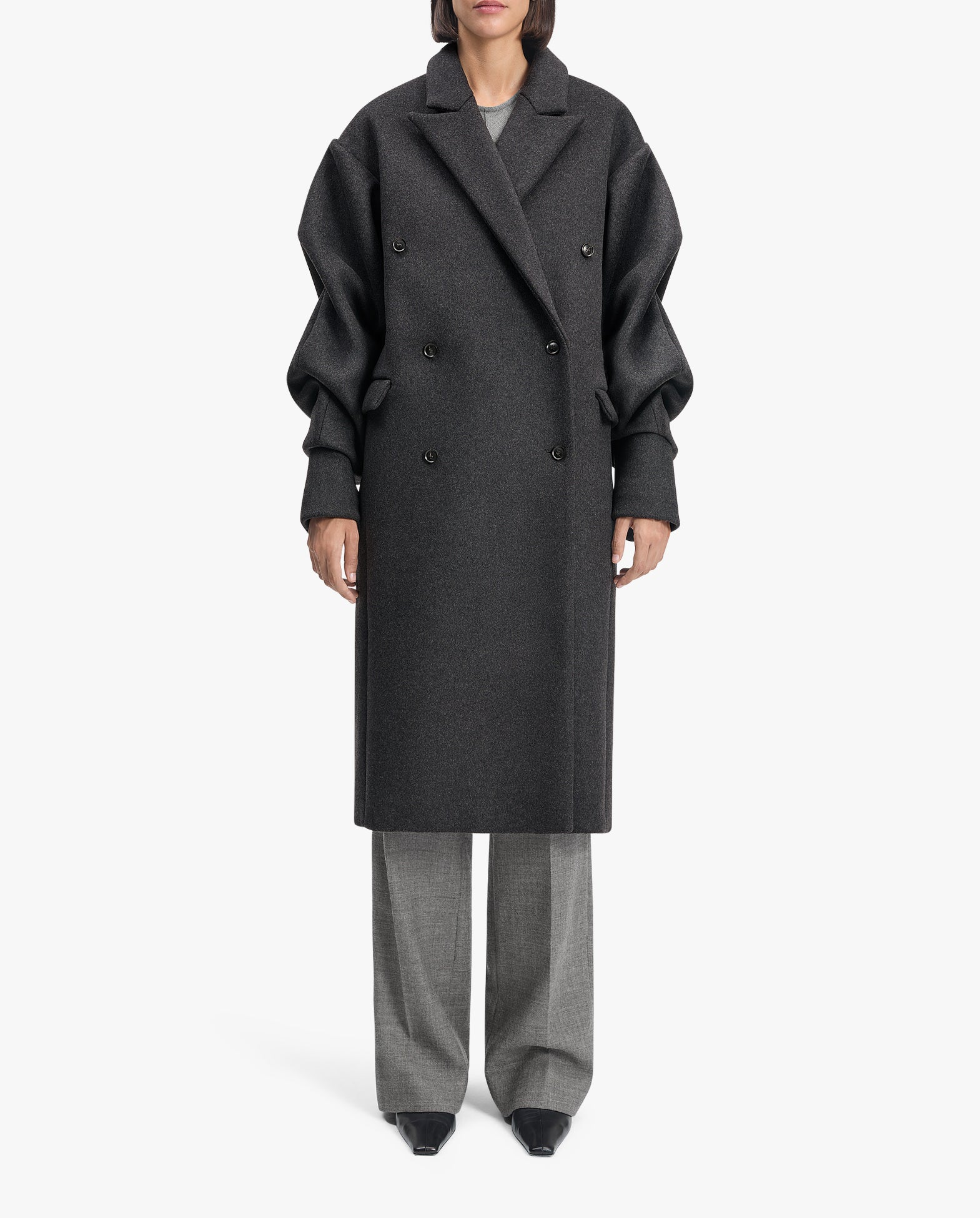 Pleated Sleeve Wool Coat