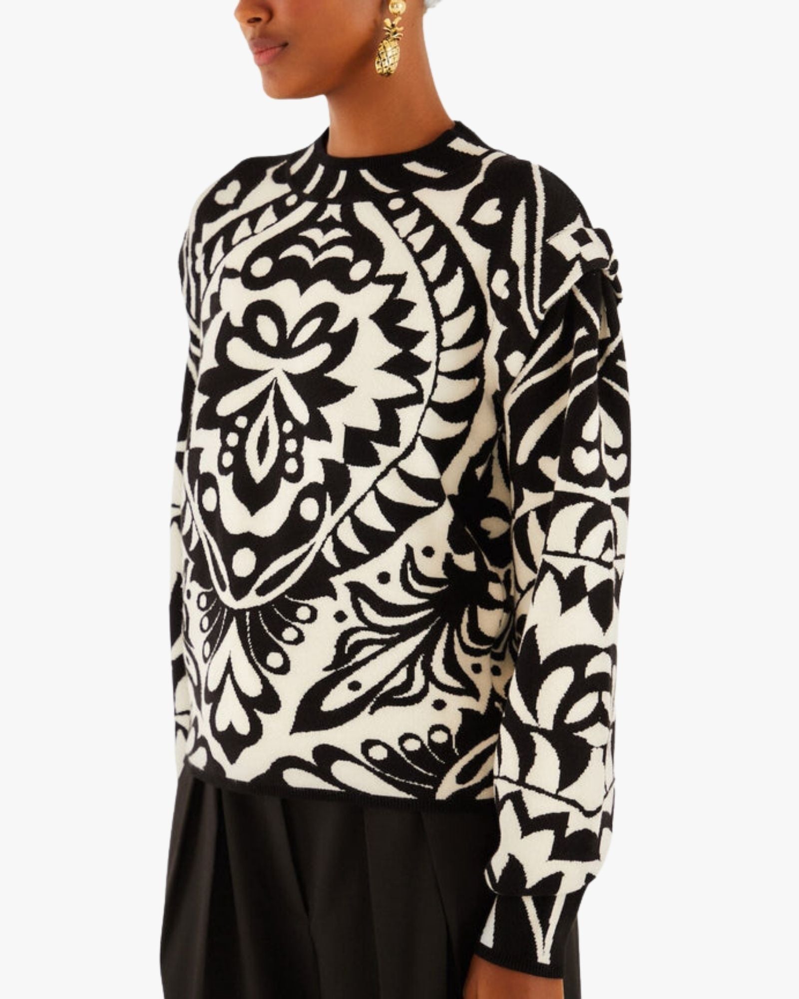 Black & White Knit Sweater with High Neck