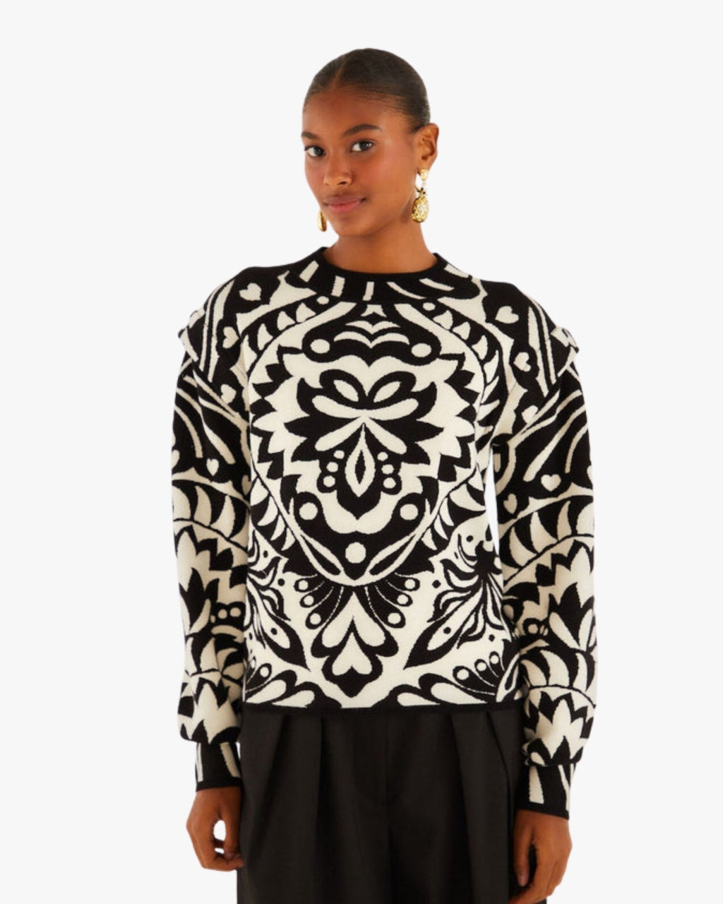 Black & White Knit Sweater with High Neck