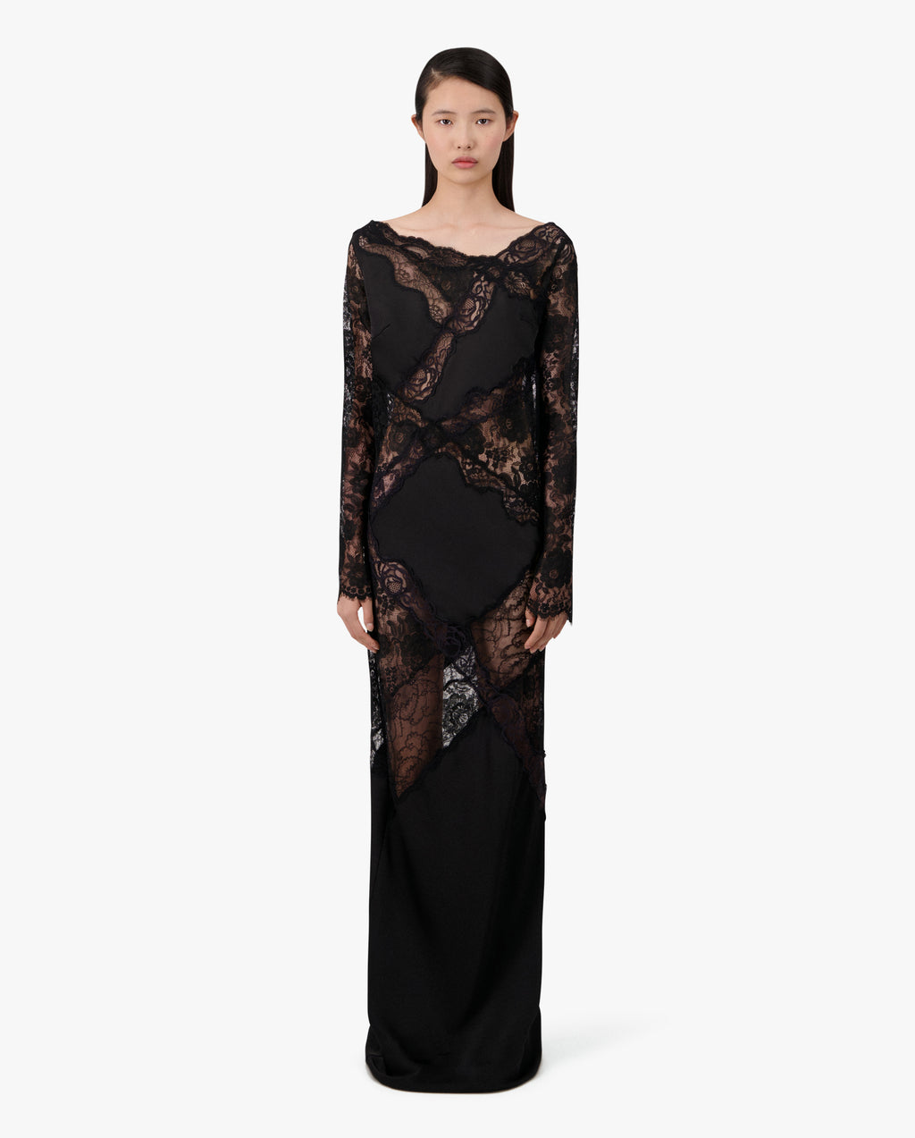 Bias Cut Long Sleeve Maxi Dress W/Lace Inlay