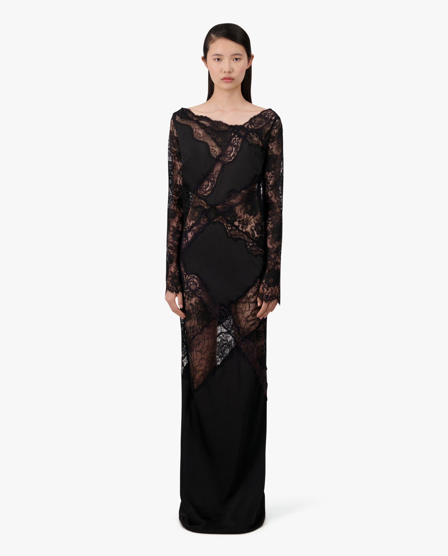 Bias Cut Long Sleeve Maxi Dress W/Lace Inlay