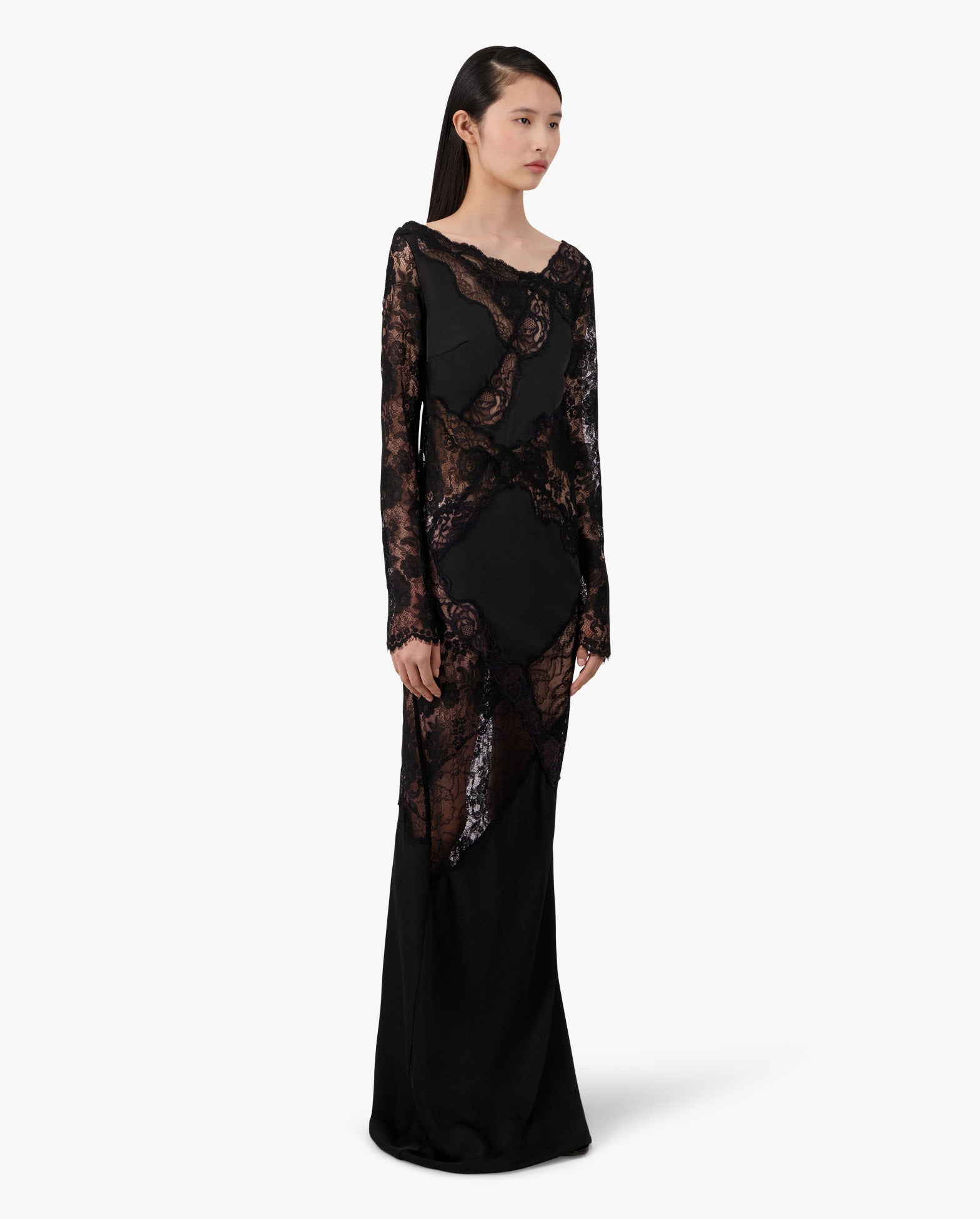 Bias Cut Long Sleeve Maxi Dress W/Lace Inlay