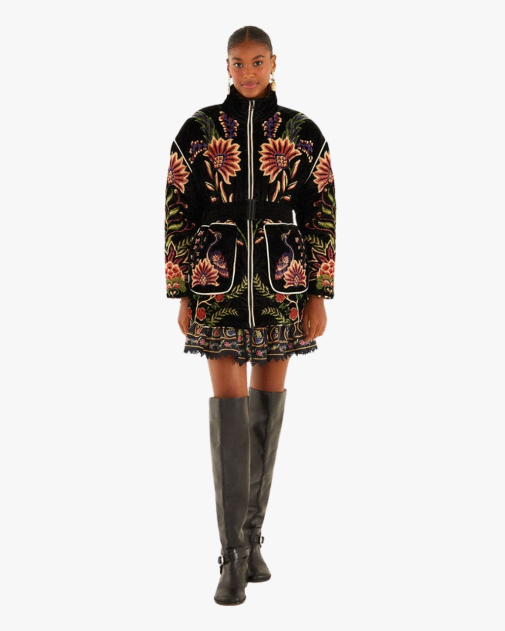 Black Marvelous Garden Embroidered Velvet Puffer Jacket with Belt